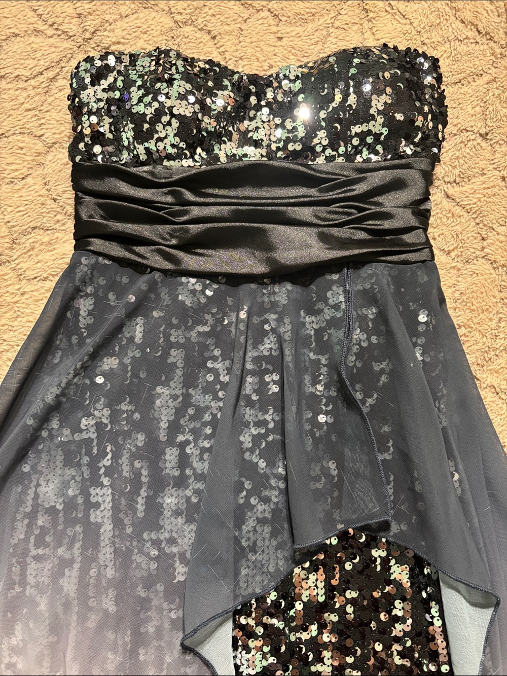 Strapless “Speechless” brand Black Sequin prom dress